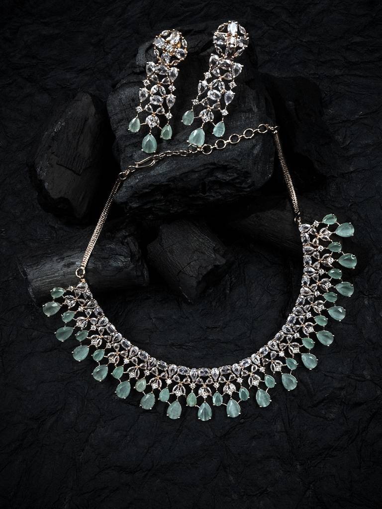 Elegant Silver Plated Cubic Zirconia Party Wear Fusion Necklace Set : AD116RGMint