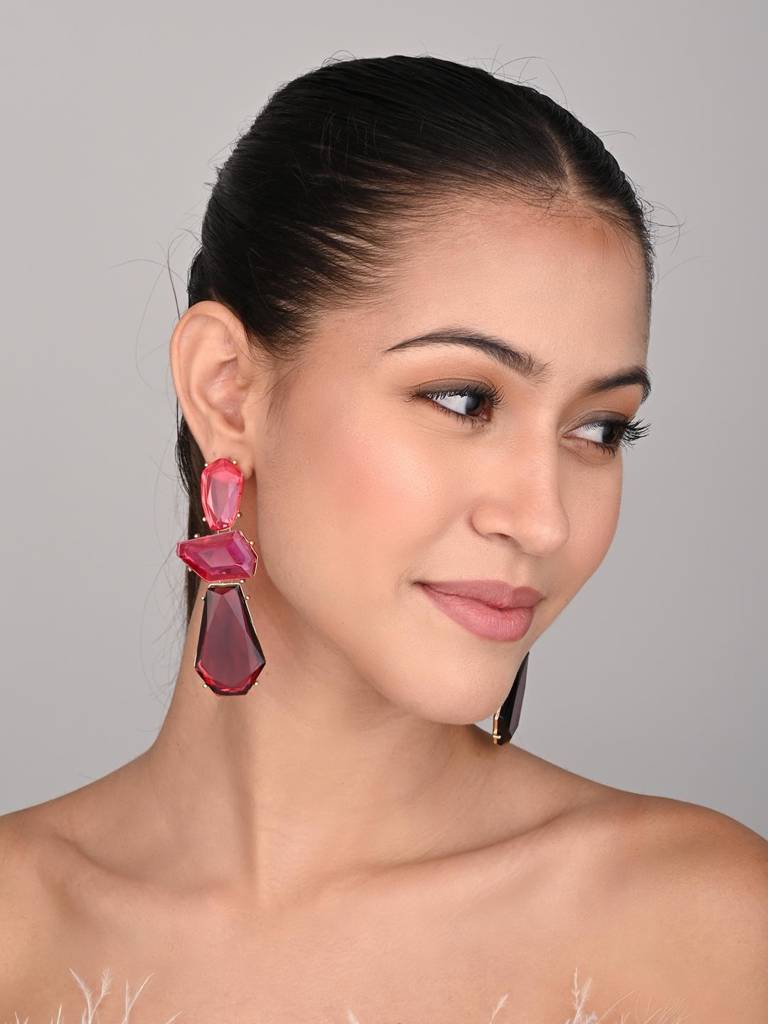 Acrylic Stone Statement Drop Earrings : WER159JMPNK