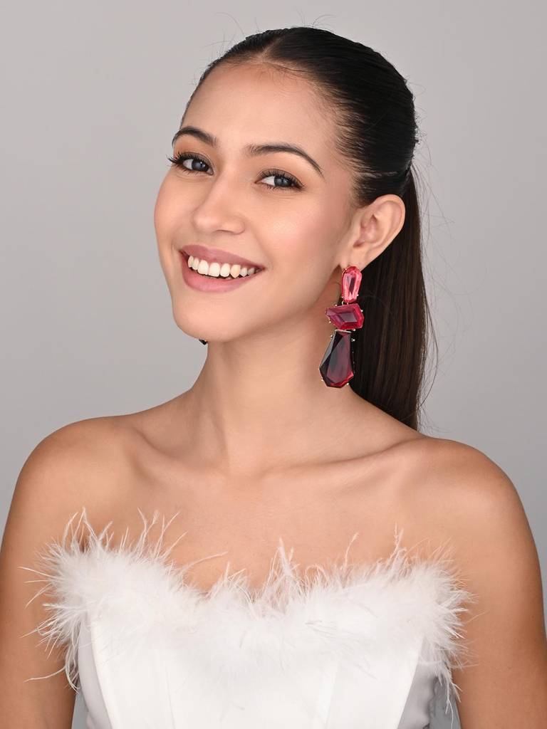 Acrylic Stone Statement Drop Earrings : WER159JMPNK
