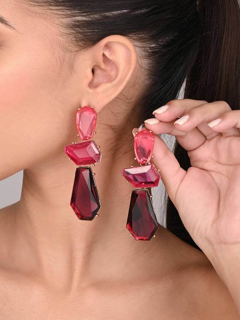 Acrylic Stone Statement Drop Earrings : WER159JMPNK