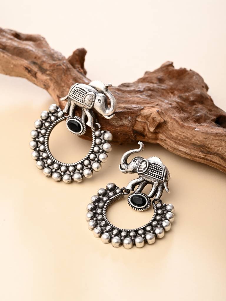 Oxidised Silver Elephant Hoop Earrings : S24JJER517SLV