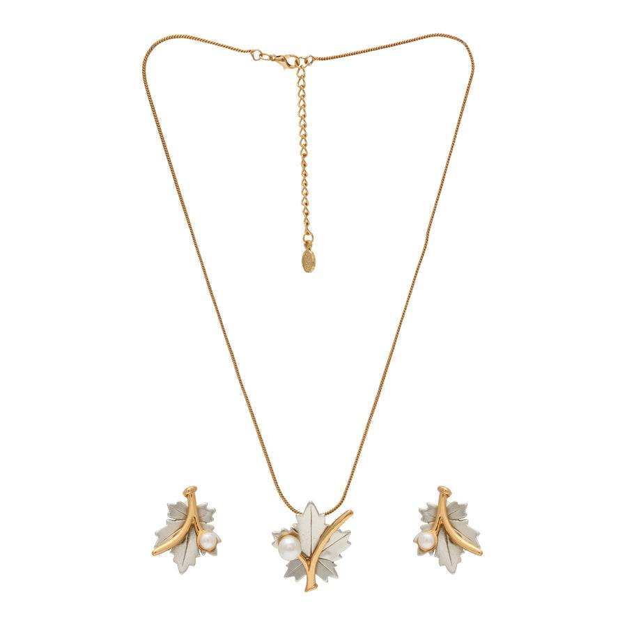 Estele Gold & Rhodium Plated Maple Leaf Designer Necklace Set With Pearl For Women : 7730ZNKER