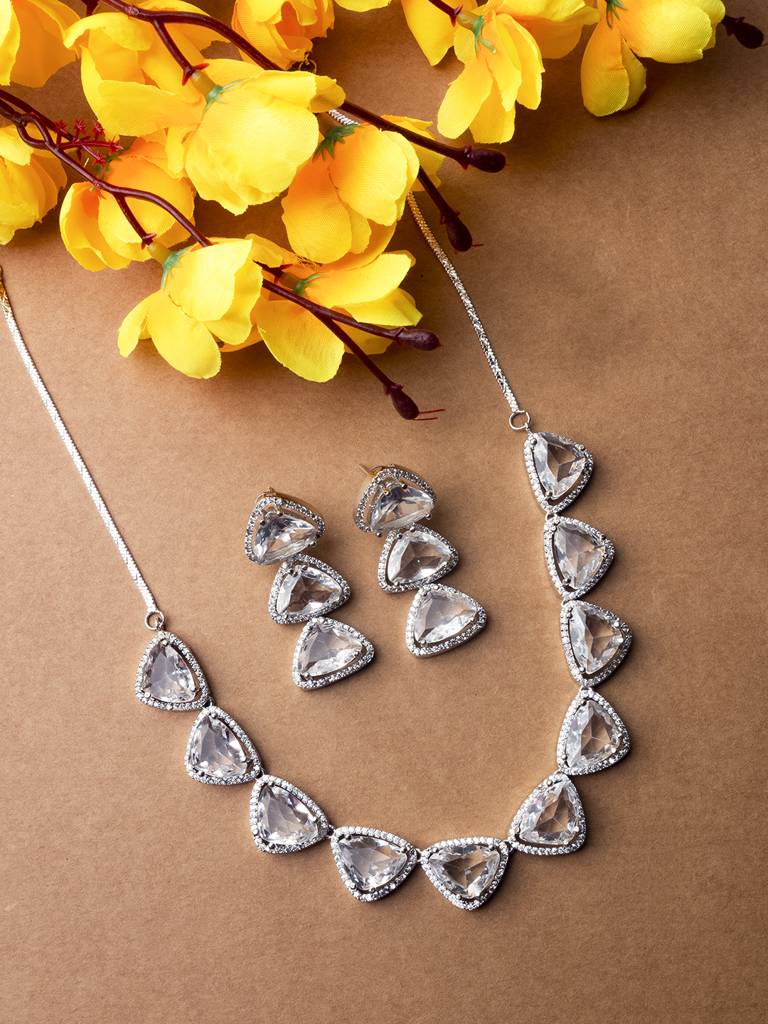 Silver Plated Bold Triangle Necklace Set With Long Earrings : AD124WHITE