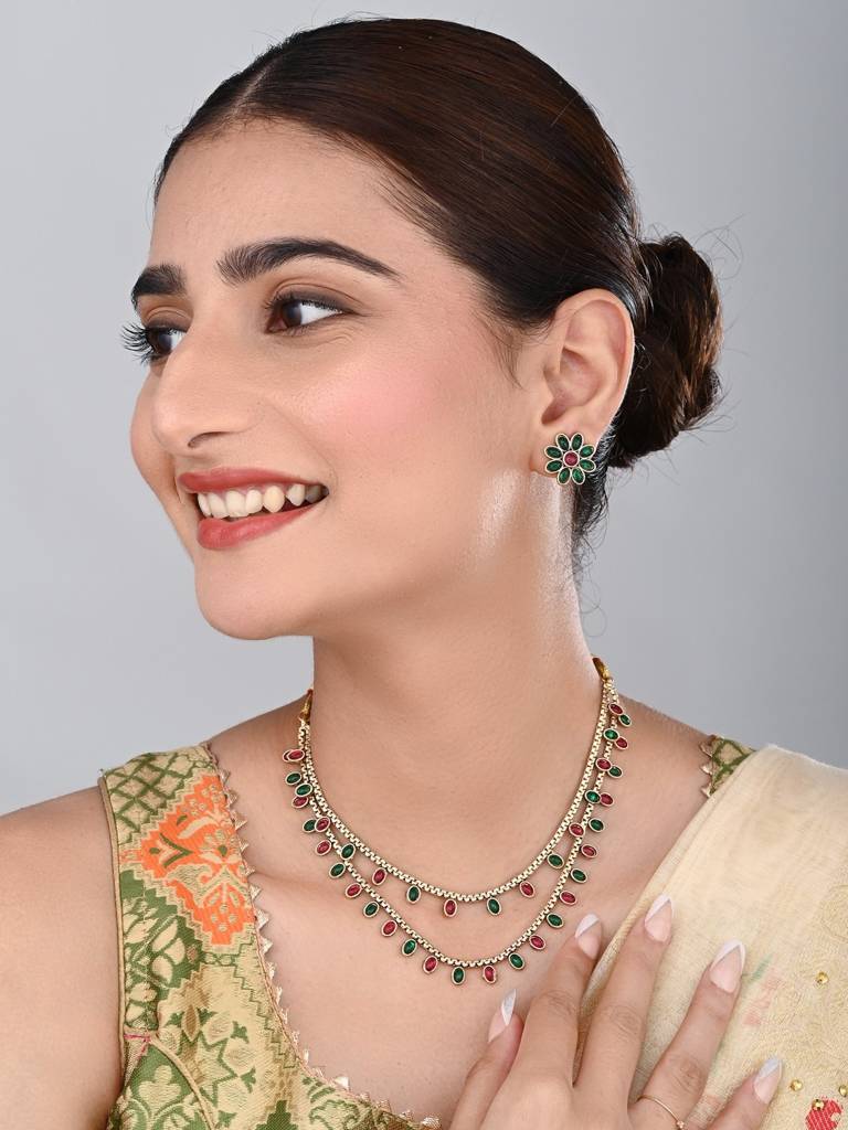 Gold Plated Delicate Double Layered Necklace Set : S24MRNKS485MLT
