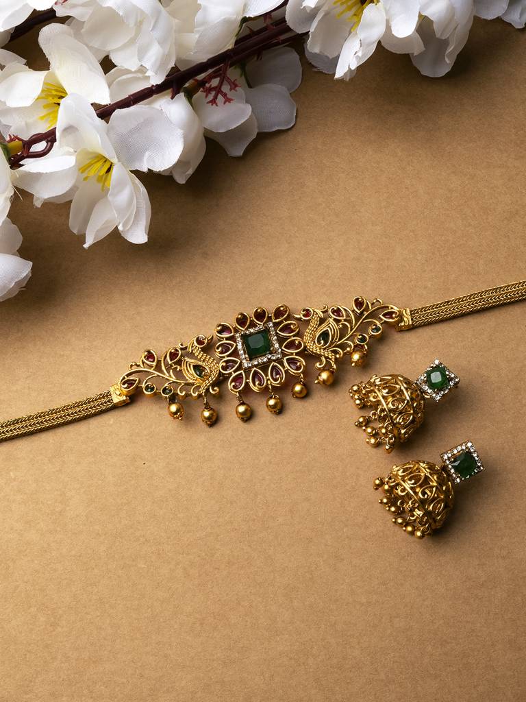 Ruby Green Kemp Peacock Choker Set : SATJS291
