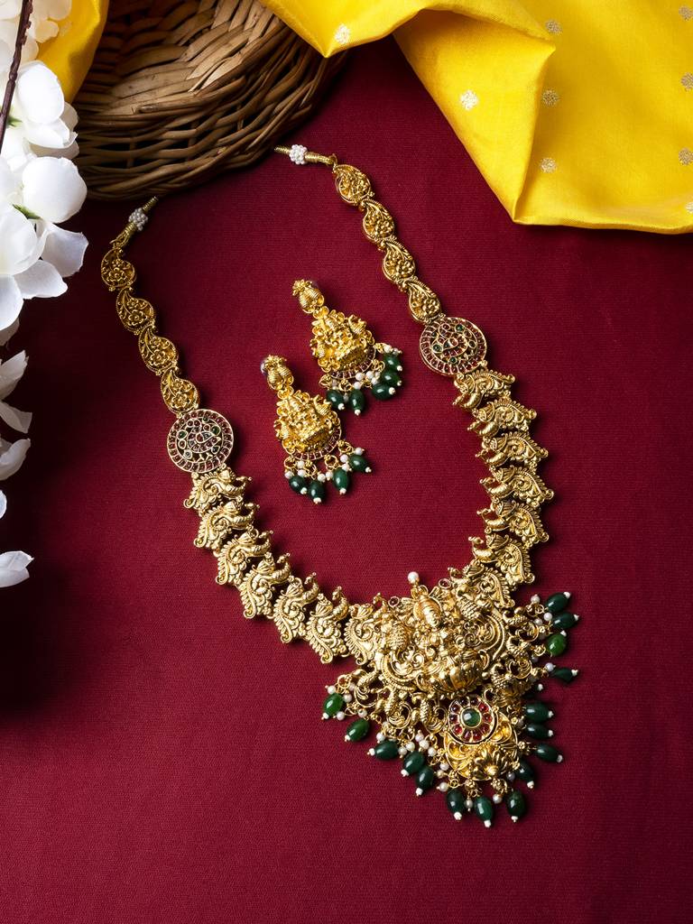 Exquisite Beads Temple Goddess Long Necklace Set : SATJS274Green
