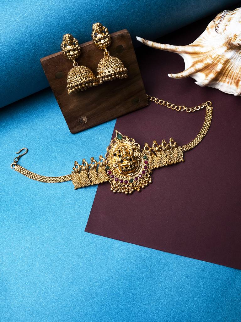 Gold-Plated Stones-Studded Beaded Temple Jewellery Set : SATJS241