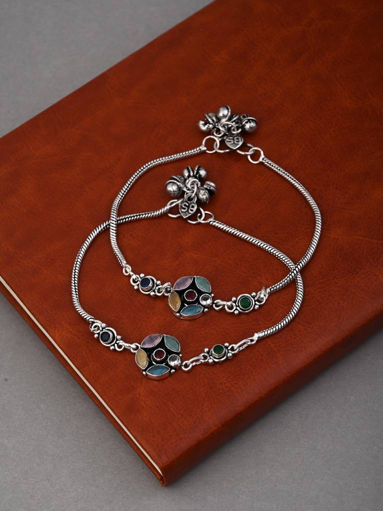 Silver Oxidised Multi-Color Floral Brass Anklet : S24AJAK560SLV