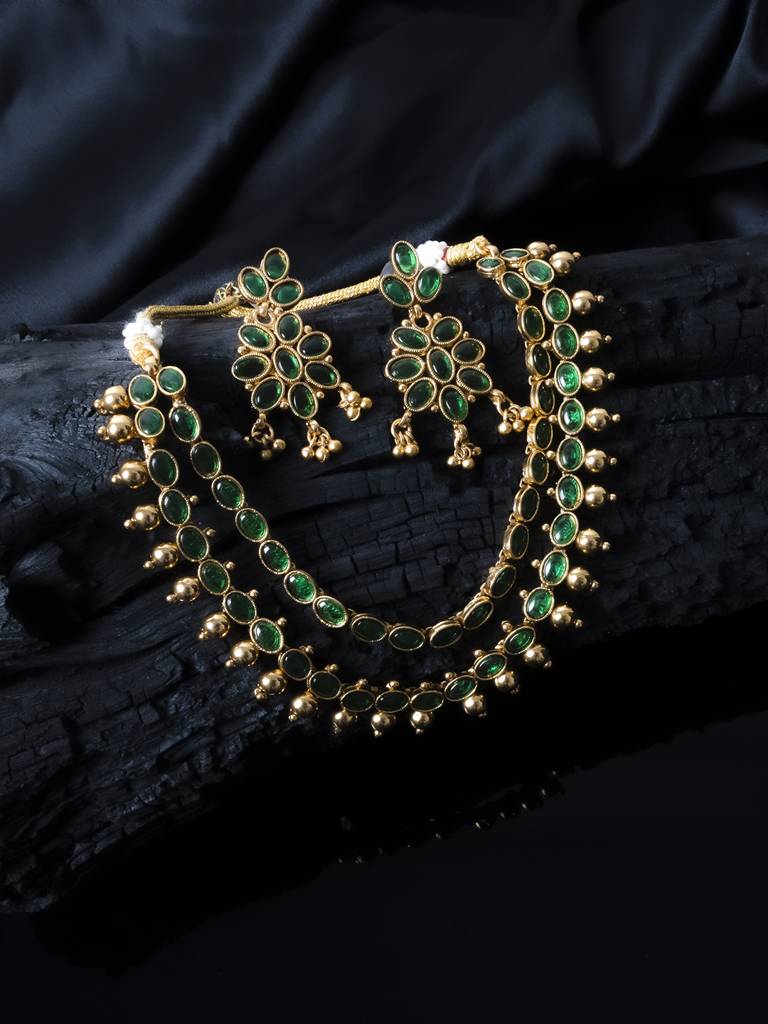 Green Kemp Double Line Necklace Set : Kempu110Green