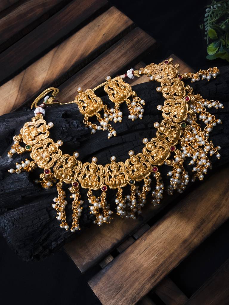 Ethnic Gold Plated Pearl Waterfall Necklace Set : SATJS240