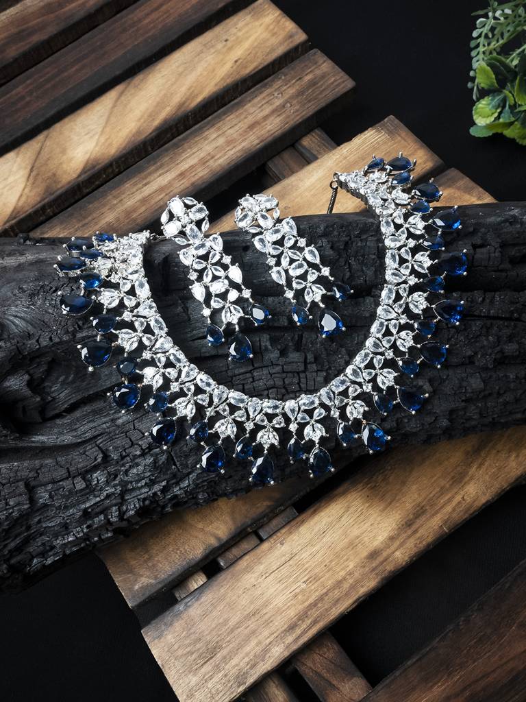Elegant Silver Plated Cubic Zirconia Party Wear Fusion Necklace Set : AD116Blue
