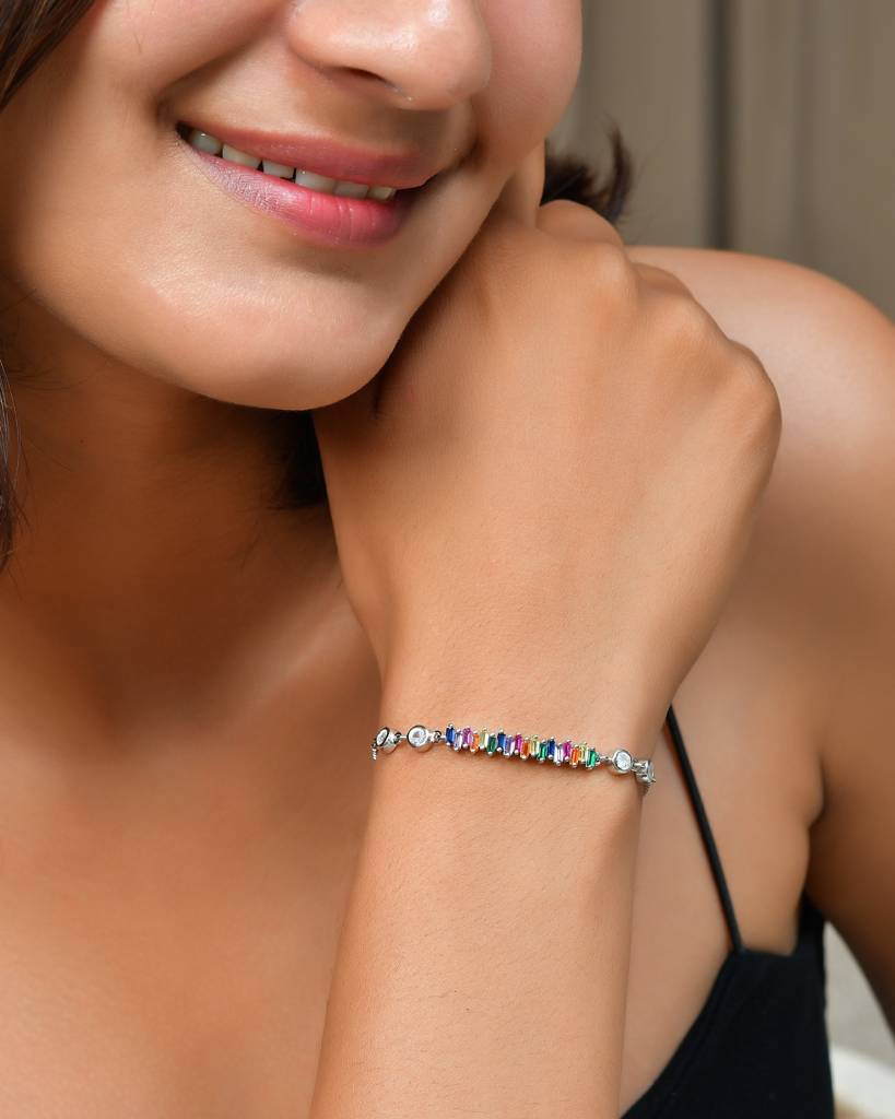 Rainbow-Baguette Bar Sterling-Silver Bolo Bracelet | Adjustable Cz Slider Chain : ZIRAK-Bracelet-037