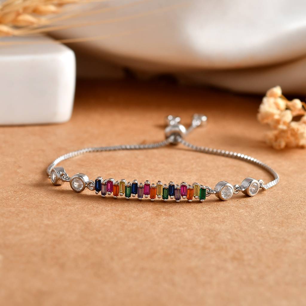 Rainbow-Baguette Bar Sterling-Silver Bolo Bracelet | Adjustable Cz Slider Chain : ZIRAK-Bracelet-037
