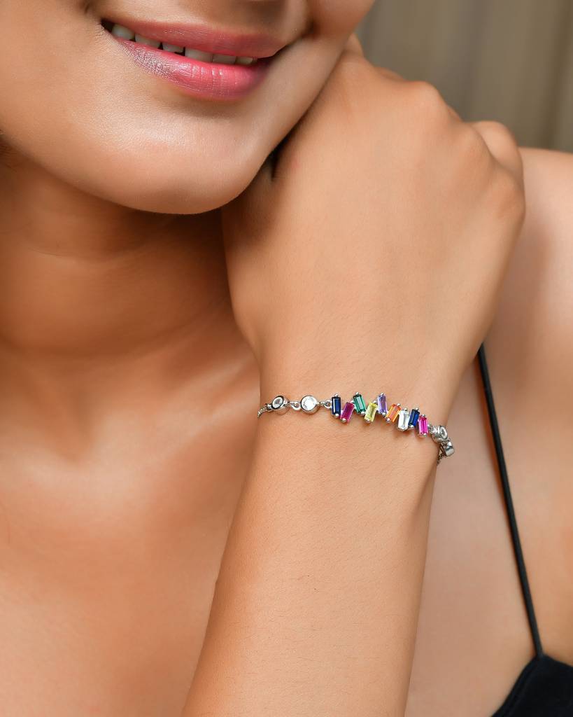 Adjustable Rainbow Baguette Cz Bolo Bracelet In 925 Sterling Silver With Bezel Accents : ZIRAK-Bracelet-040