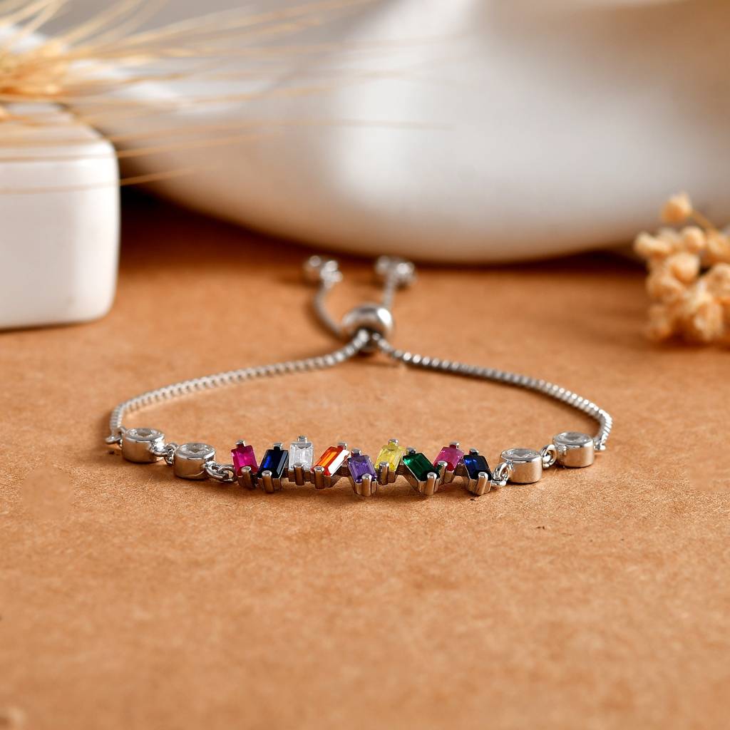 Adjustable Rainbow Baguette Cz Bolo Bracelet In 925 Sterling Silver With Bezel Accents : ZIRAK-Bracelet-040