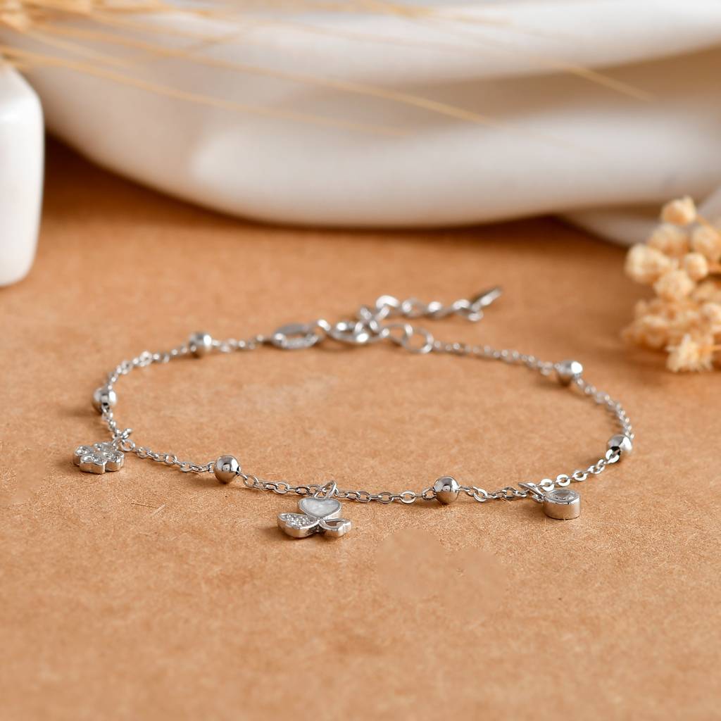 Lucky Hearts-&-Pearl Sterling-Silver Charm Bracelet | Cz Pavé, Mop Inlay & Bead Stations : ZIRAK-Bracelet-032