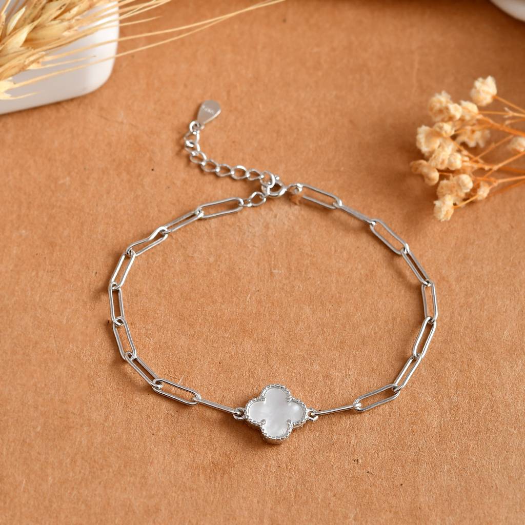 Mother-Of-Pearl Clover Paperclip Bracelet In 925 Sterling Silver – Adjustable Chain : ZIRAK-Bracelet-043