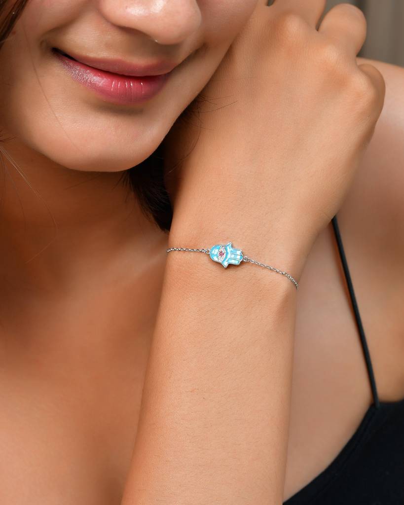 Sterling Silver Turquoise Hamsa Evil-Eye Bracelet – Dainty Protection Charm For Everyday Wear : ZIRAK-Bracelet-045
