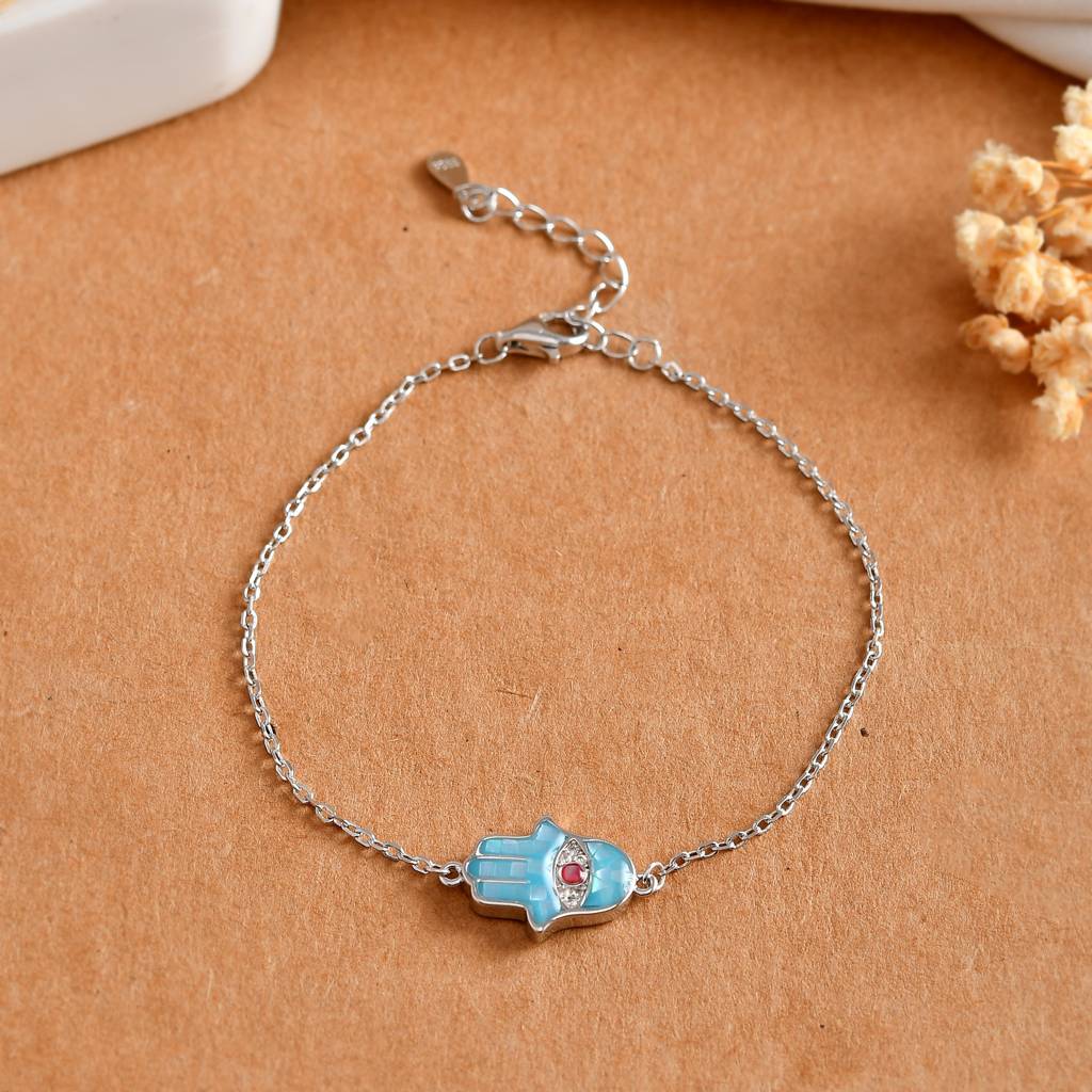 Sterling Silver Turquoise Hamsa Evil-Eye Bracelet – Dainty Protection Charm For Everyday Wear : ZIRAK-Bracelet-045