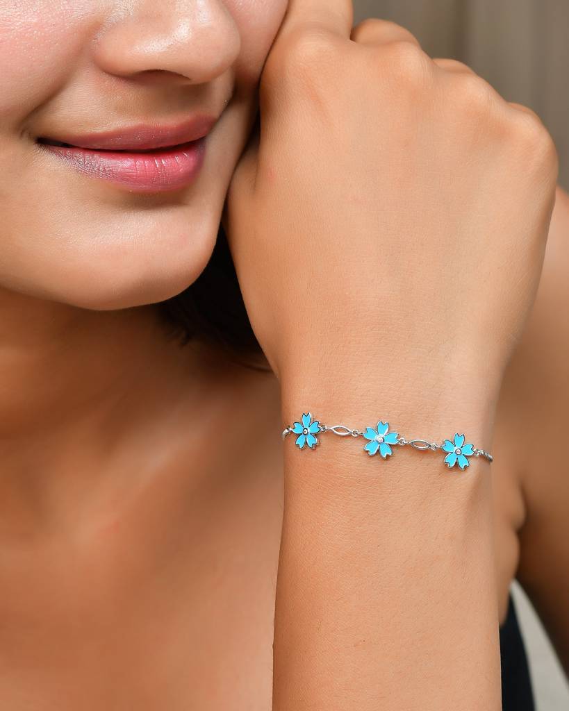 Sterling Silver Blue Enamel Flower Charm Bracelet With Cubic Zirconia Centers – Adjustable Floral Jewelry : ZIRAK-Bracelet-049