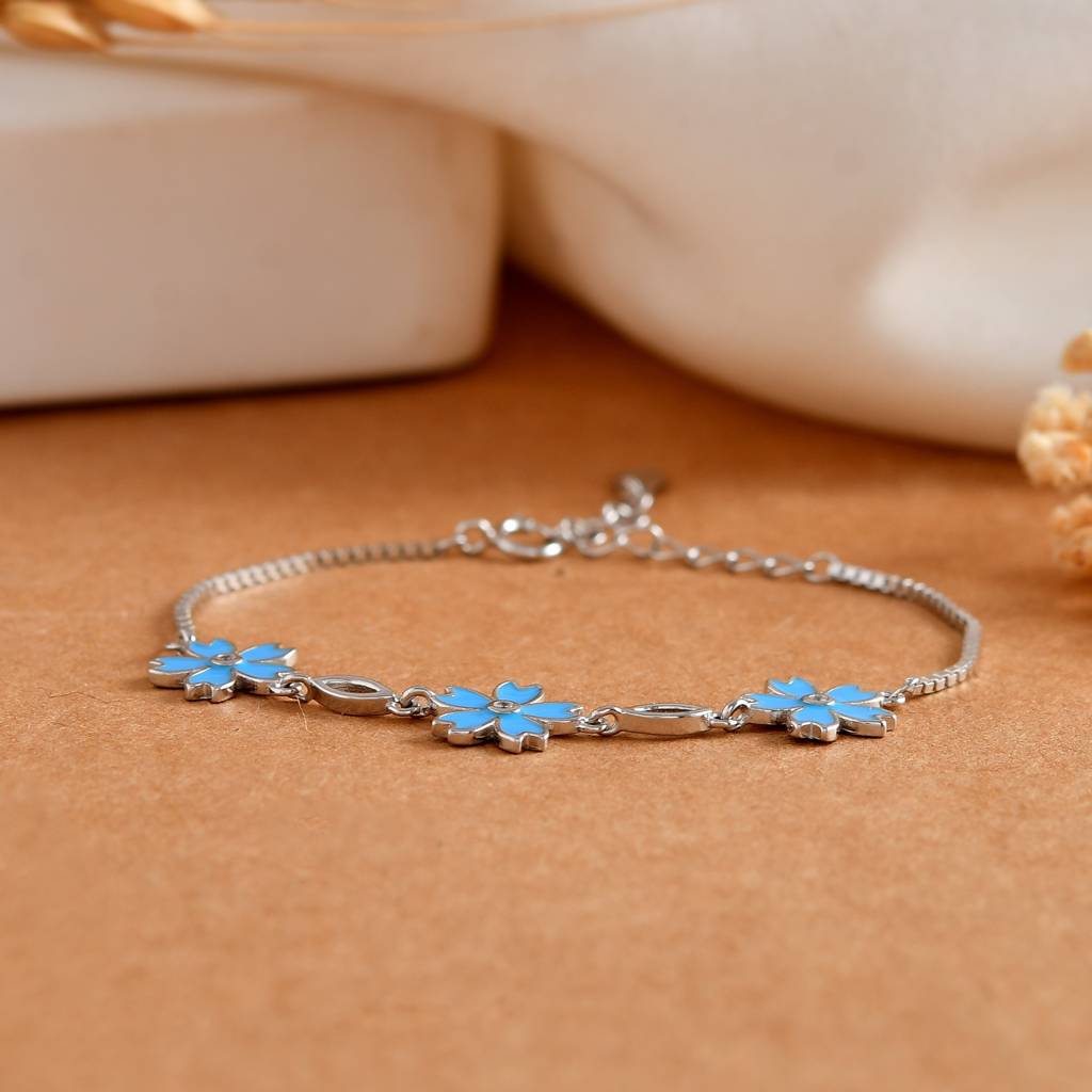 Sterling Silver Blue Enamel Flower Charm Bracelet With Cubic Zirconia Centers – Adjustable Floral Jewelry : ZIRAK-Bracelet-049