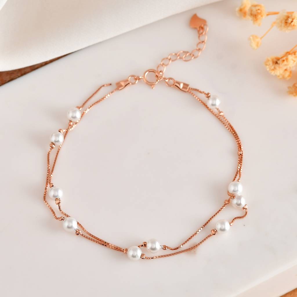 Layered Rose-Gold Pearl Station Bracelet | Double-Strand 925 Sterling Silver : ZIRAK-Bracelet-056