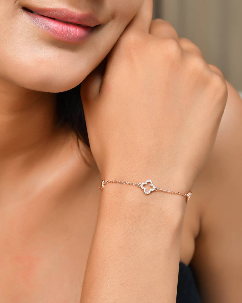 Rose-Gold Clover & Mother-Of-Pearl Heart Bracelet | Dainty 925 Sterling Silver Station Chain : ZIRAK-Bracelet-057