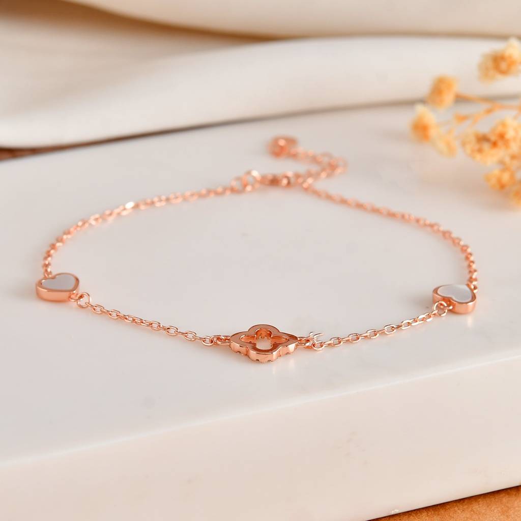 Rose-Gold Clover & Mother-Of-Pearl Heart Bracelet | Dainty 925 Sterling Silver Station Chain : ZIRAK-Bracelet-057