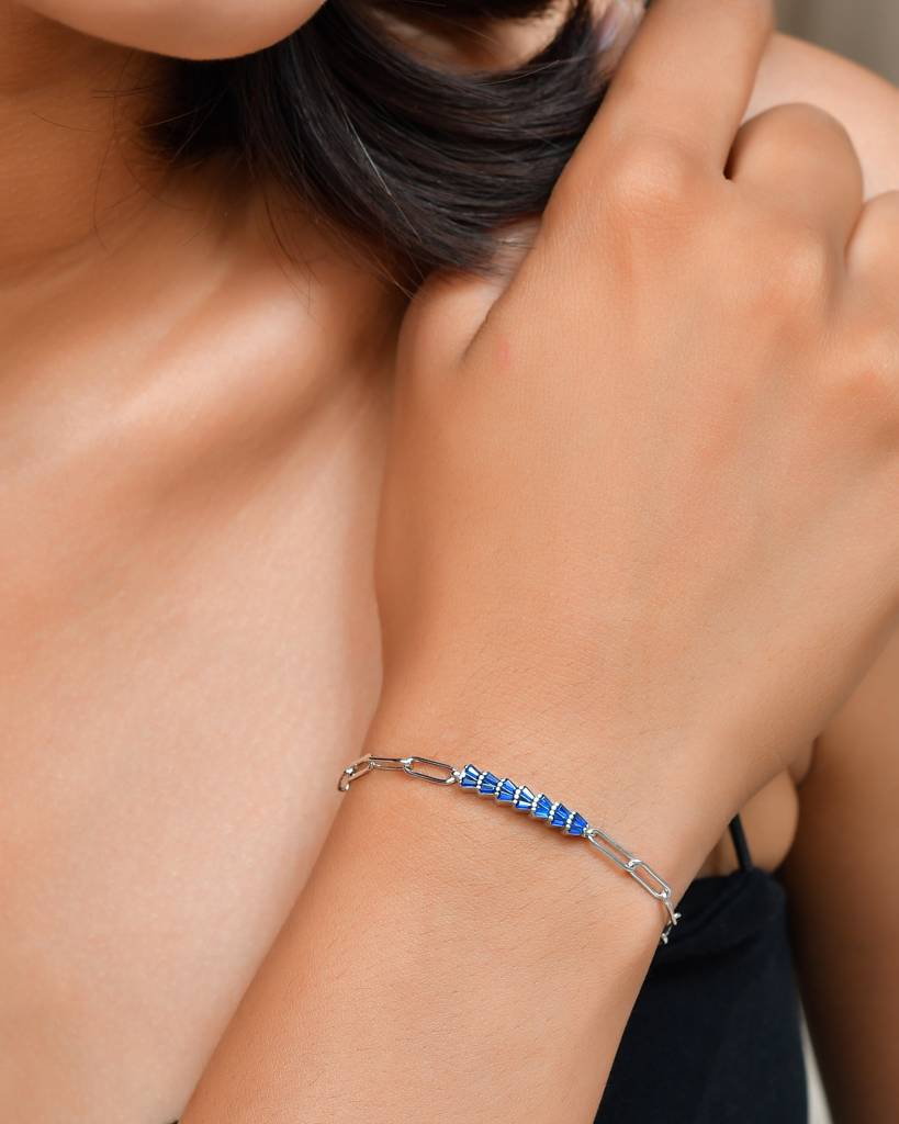 Blue-Baguette Bar Sterling-Silver Paperclip Bracelet | Adjustable Chain Link : ZIRAK-Bracelet-033