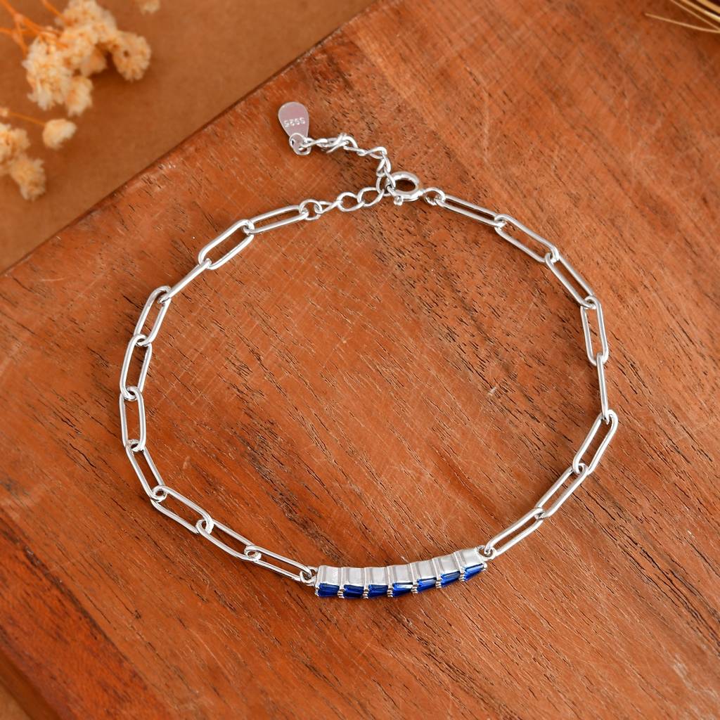 Blue-Baguette Bar Sterling-Silver Paperclip Bracelet | Adjustable Chain Link : ZIRAK-Bracelet-033