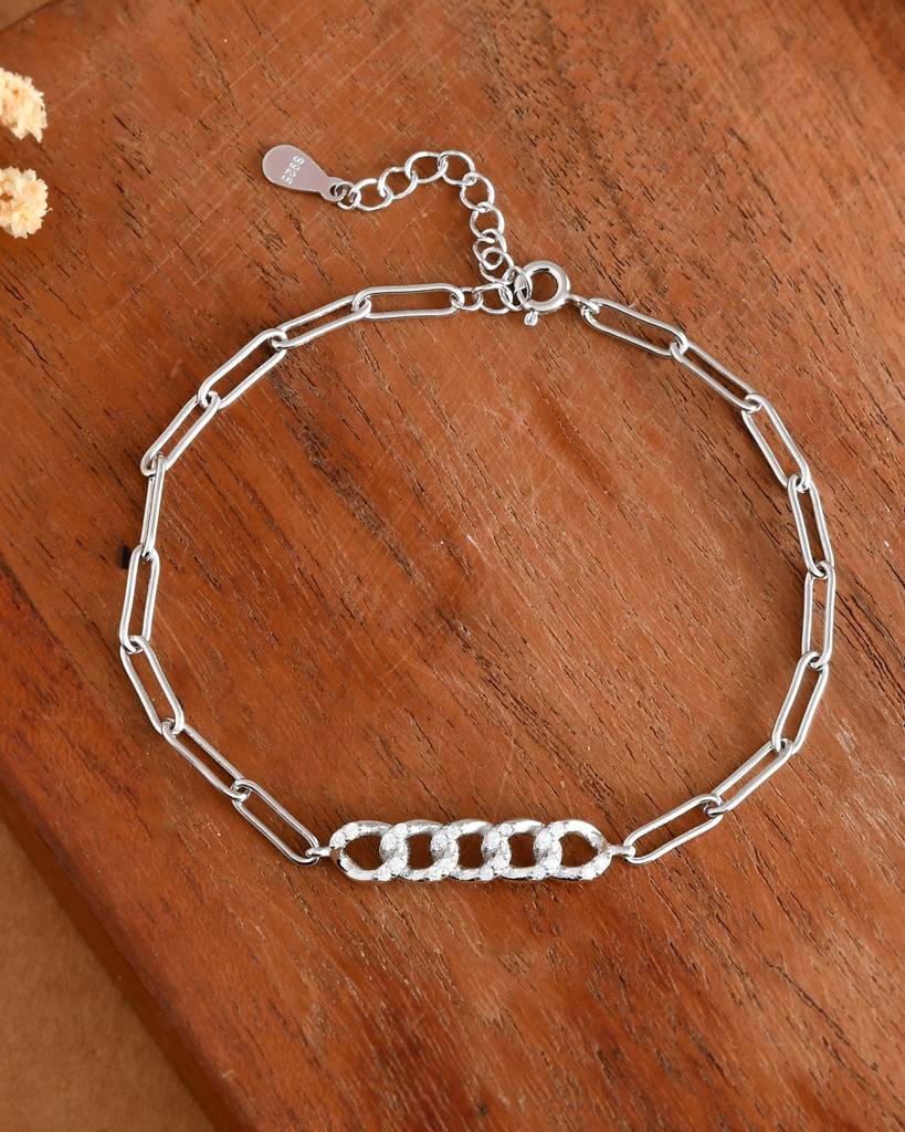 Pavé-Curb Paperclip Sterling-Silver Bracelet | Adjustable Cz Chain Bar : ZIRAK-Bracelet-028