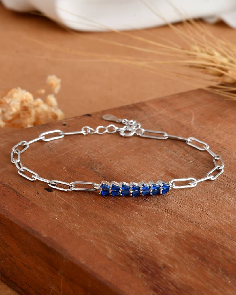 Blue-Baguette Bar Sterling-Silver Paperclip Bracelet | Adjustable Chain Link : ZIRAK-Bracelet-033