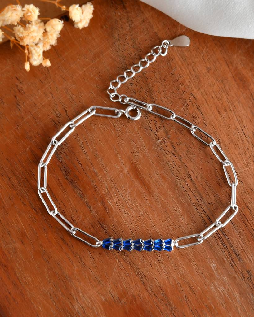 Blue-Baguette Bar Sterling-Silver Paperclip Bracelet | Adjustable Chain Link : ZIRAK-Bracelet-033