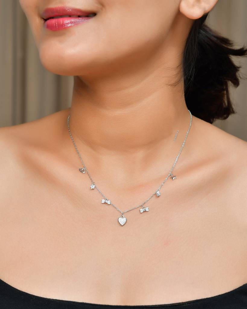 Sterling Silver Mixed-Charm Necklace – Pavé Heart, Star, Bow & Cz Dangles : ZIRAK-Pendant-087