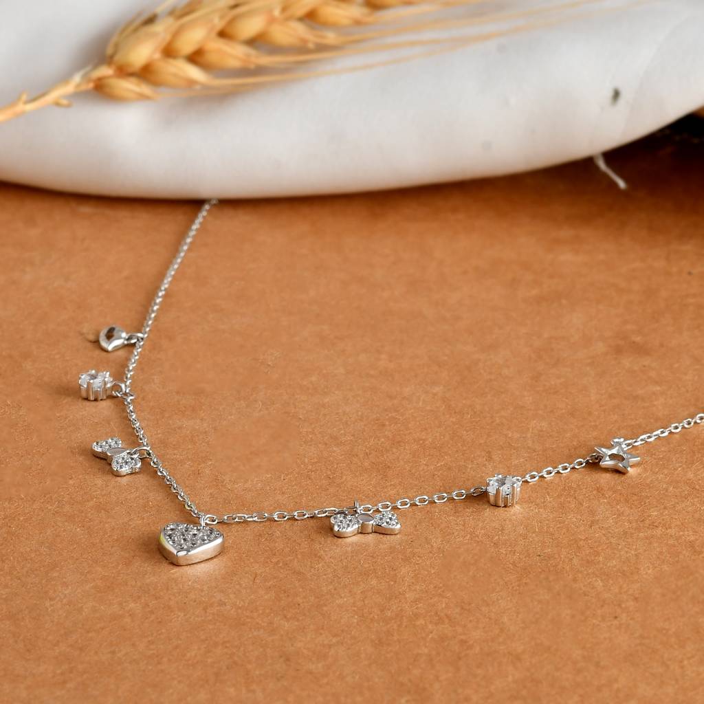 Sterling Silver Mixed-Charm Necklace – Pavé Heart, Star, Bow & Cz Dangles : ZIRAK-Pendant-087