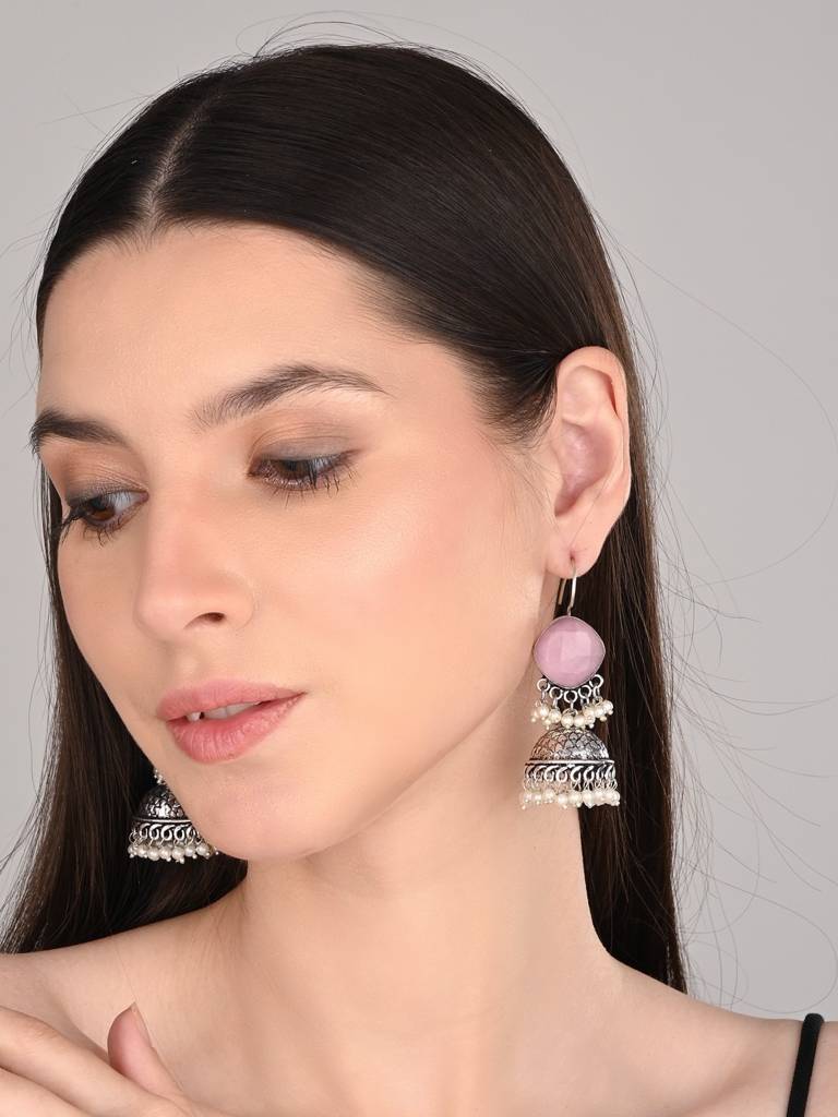 Oxidised Silver Brass Stone Jhumka Earrings : S24AJER253PNK