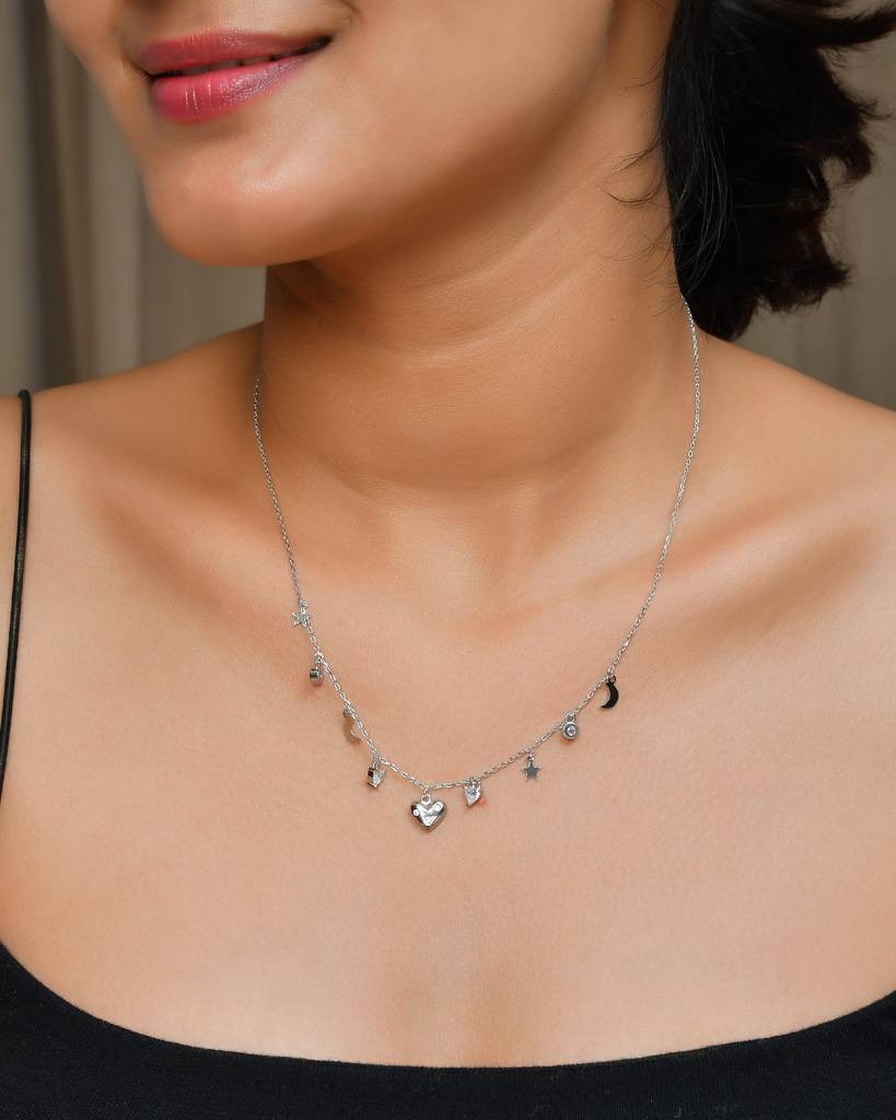 Sterling Silver Celestial Charm Necklace – Heart, Star & Moon Dangle Choker : ZIRAK-Pendant-091