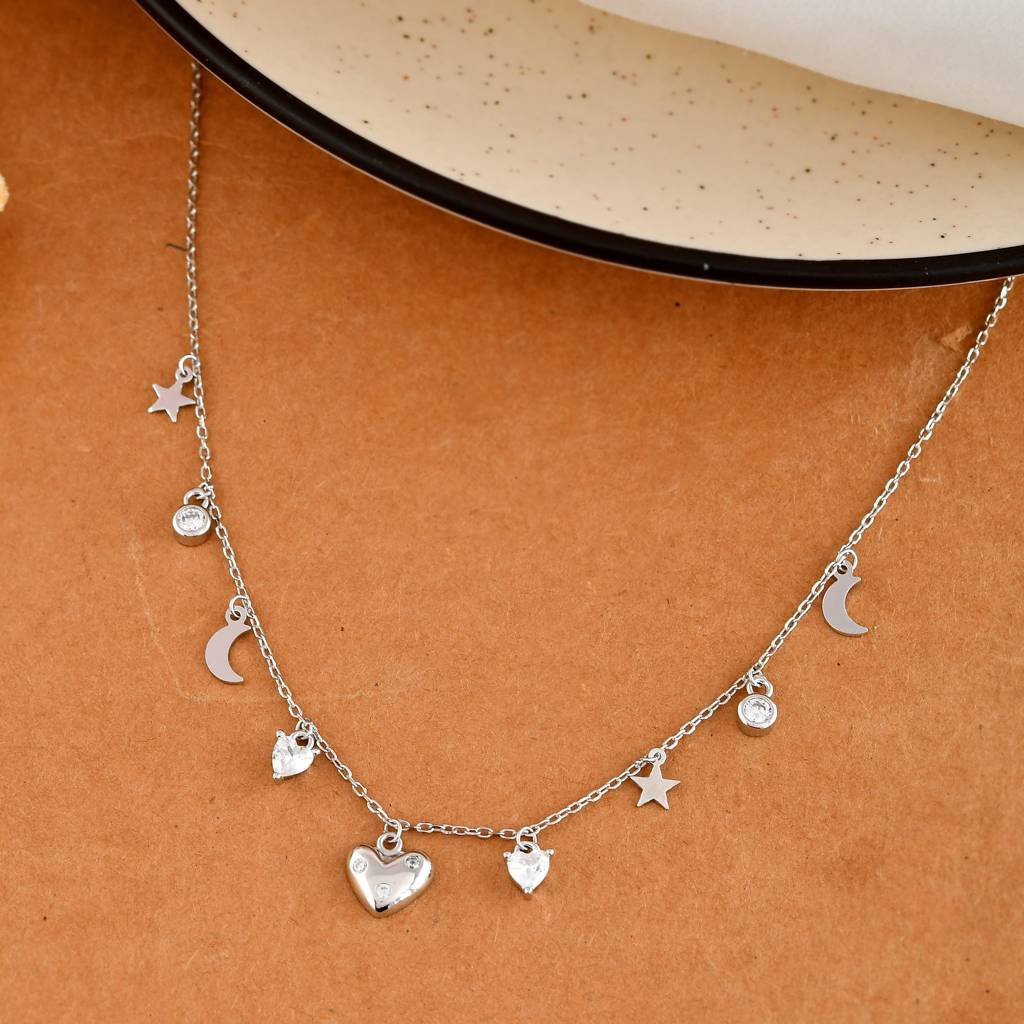 Sterling Silver Celestial Charm Necklace – Heart, Star & Moon Dangle Choker : ZIRAK-Pendant-091