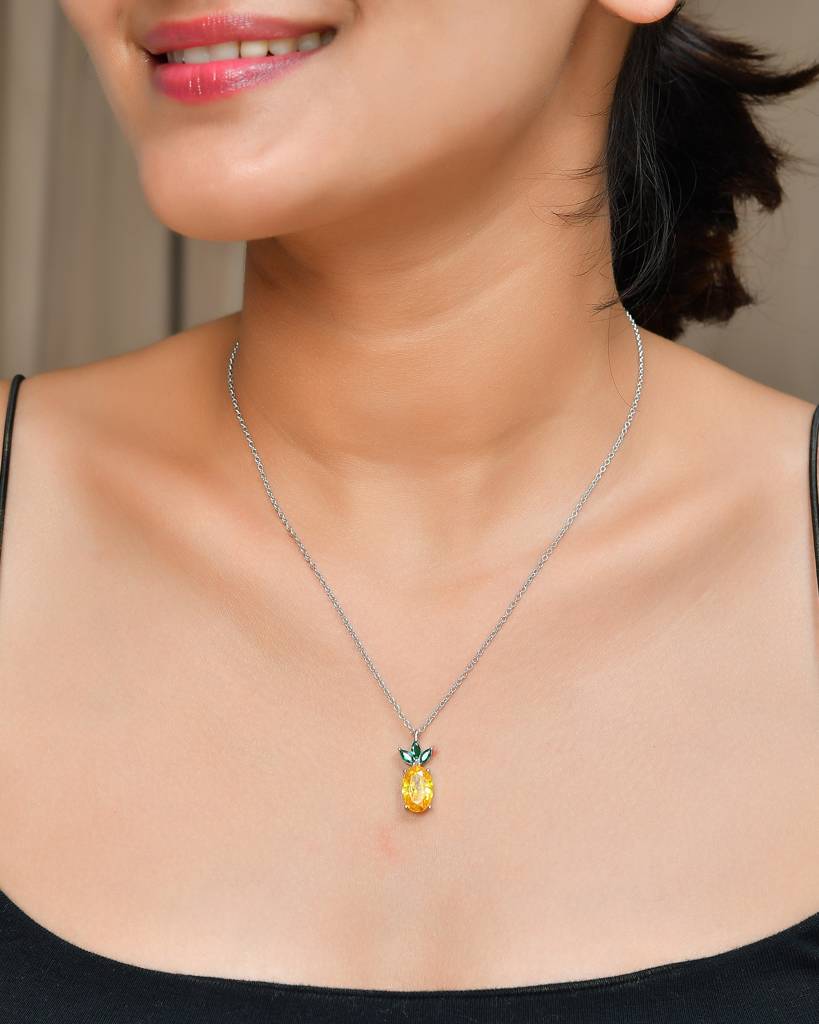 Sterling Silver Pineapple Necklace With Yellow & Green Cz – Tropical Fruit Pendant : ZIRAK-Pendant-092