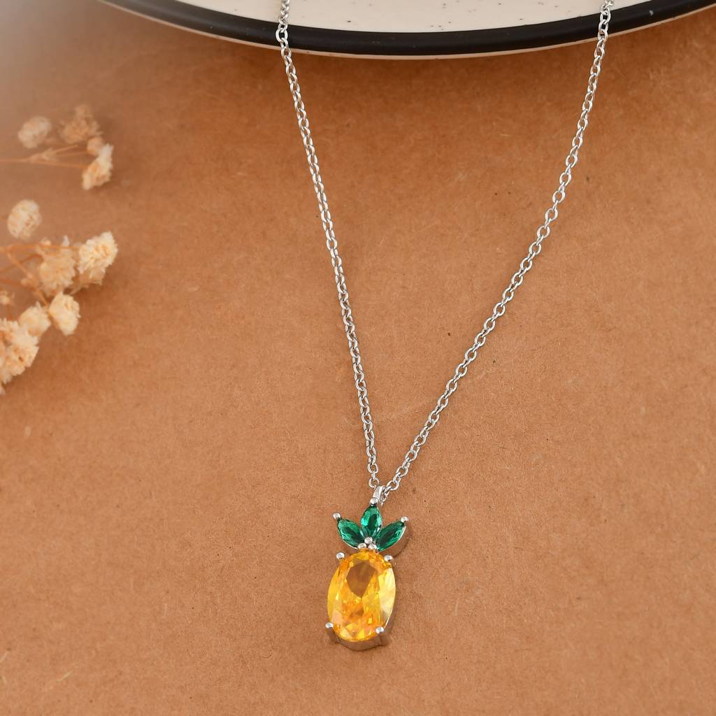 Sterling Silver Pineapple Necklace With Yellow & Green Cz – Tropical Fruit Pendant : ZIRAK-Pendant-092