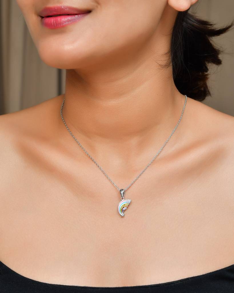 Rainbow Shooting-Star Necklace In Sterling Silver With Pastel Enamel & Cz Crystals : ZIRAK-Pendant-096
