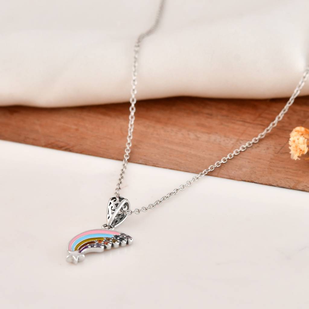 Rainbow Shooting-Star Necklace In Sterling Silver With Pastel Enamel & Cz Crystals : ZIRAK-Pendant-096