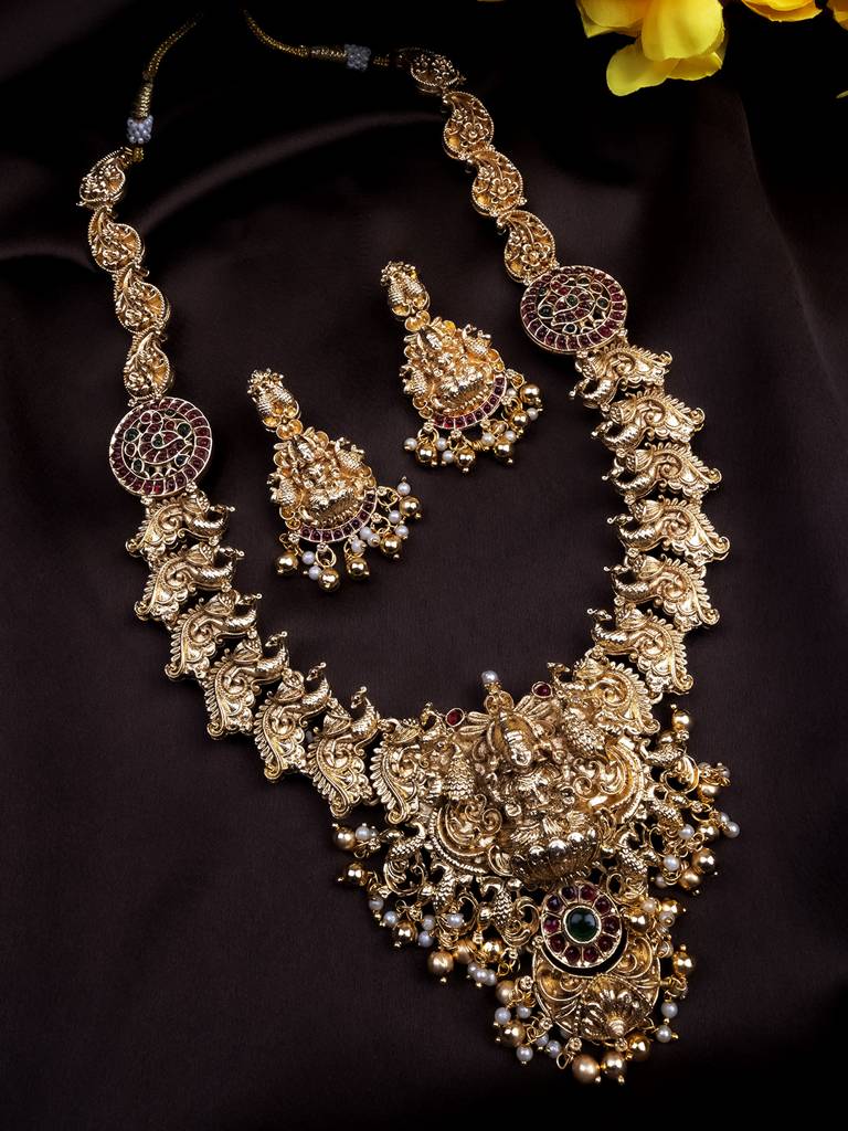 Exquisite Beads Temple Goddess Long Necklace Set : SATJS274GOLD