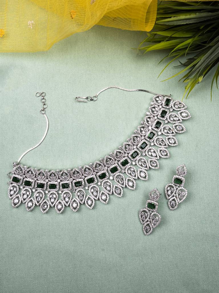 Luxurious Green Cz Ad Bridal Necklace Set : AD130Green