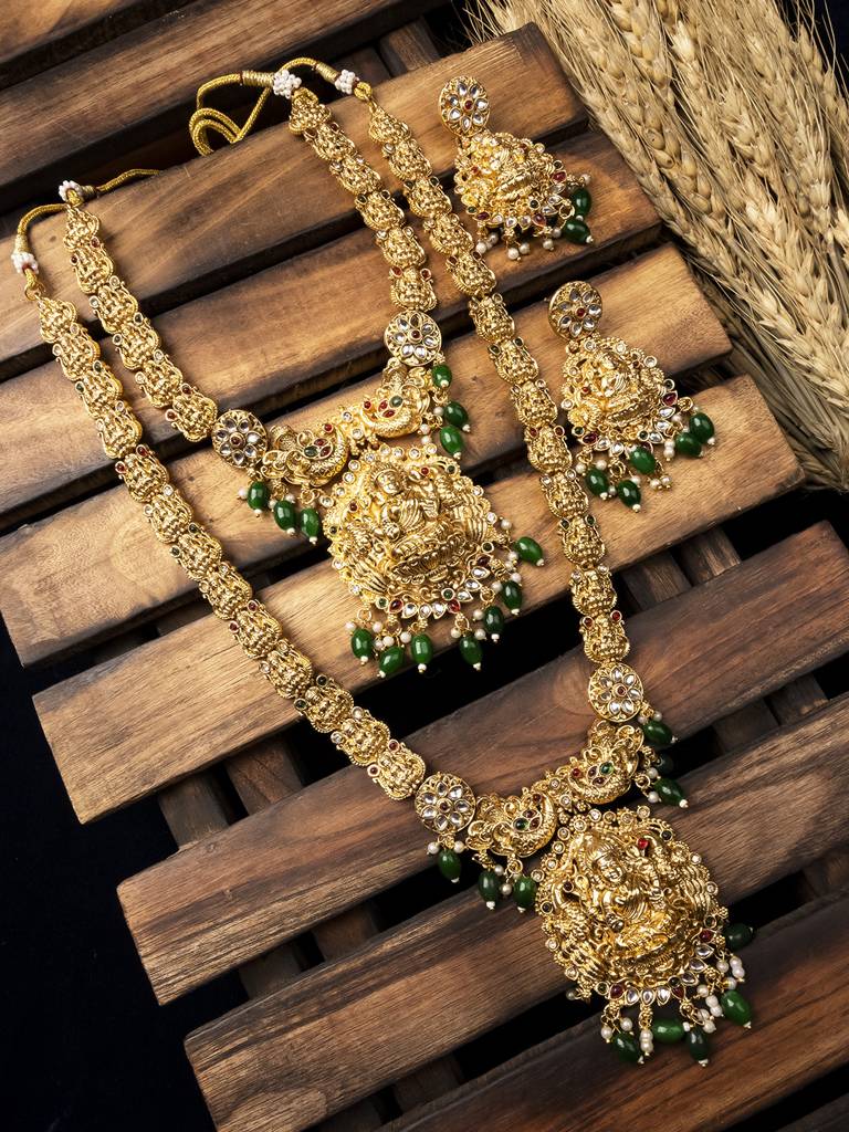 Luxurious Laxmi Patti Combo Jewelry Set With Green Beads : SATJS299GREEN