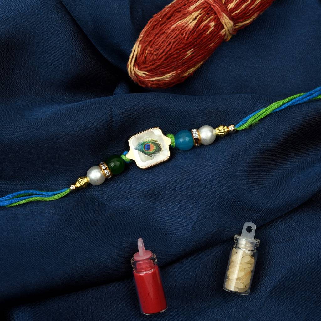 Premium Gold-Plated Peacock Feather (Mor Pankh) Pearl Rakhi : MJRAKHI15