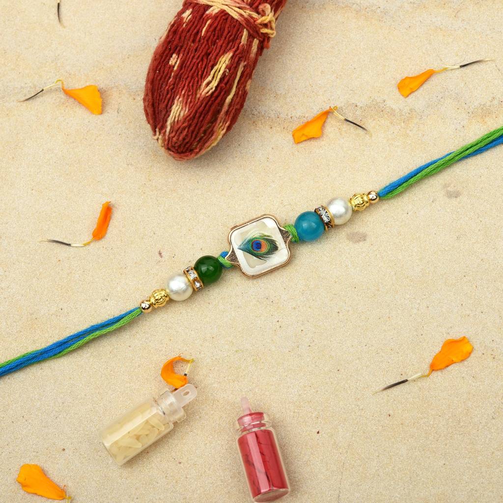 Premium Gold-Plated Peacock Feather (Mor Pankh) Pearl Rakhi : MJRAKHI15