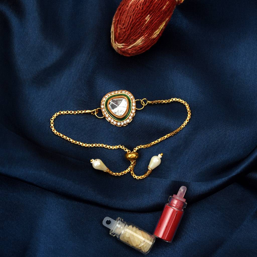 Gold-Plated Kundan Adjustable Bracelet Rakhi : MJRAKHI11