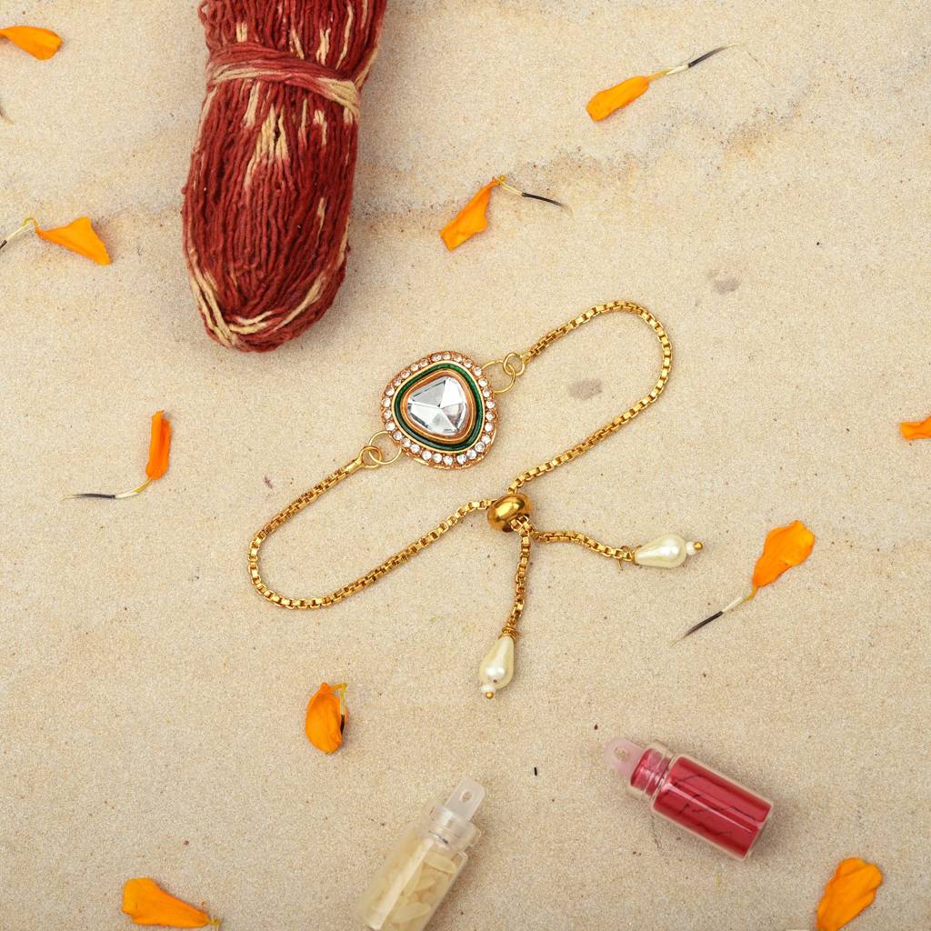 Gold-Plated Kundan Adjustable Bracelet Rakhi : MJRAKHI11