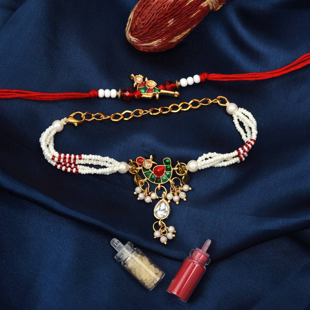 Royal Krishna Flute & Meenakari Peacock Pearl Bracelet Rakhi Combo – Set Of 2 : MJRAKHI08
